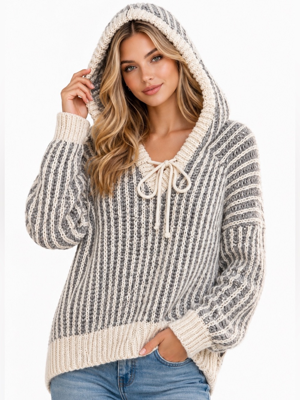 POL Gray Ivory Two Tone Chunky Knit Oversized Hooded Sweater Pullover